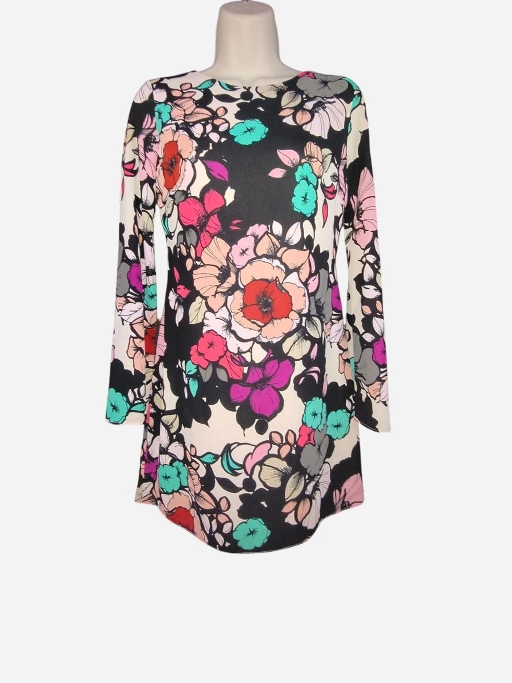 Express Floral Long-Sleeve Shift Dress in Black Multi